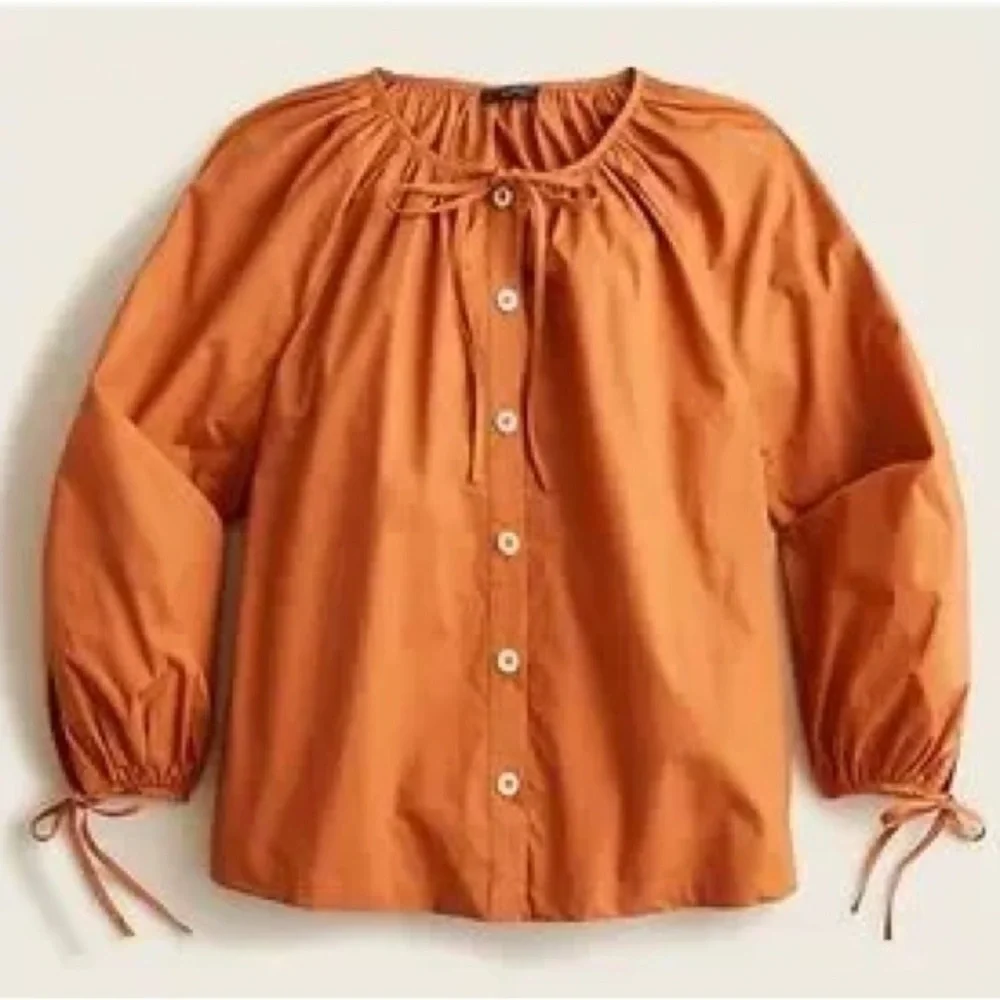 J. Crew Tie Sleeve Button Front Cotton Poplin Top Orange Size Medium